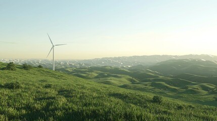 Serene Rural Landscape with Wind Turbine - Conceptual Environmental 3D Render Illustration Emphasizing Renewable Energy and Climate Change Mitigation
