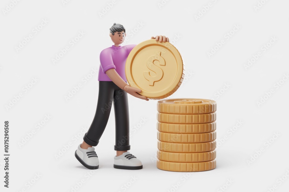 Poster 3D cartoon character adding a dollar coin to a stack of coins