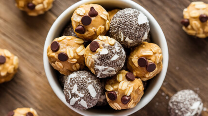 Fototapeta premium A vibrant bowl of delicious energy bites, featuring peanut butter and chocolate variations, topped with oats and coconut flakes.