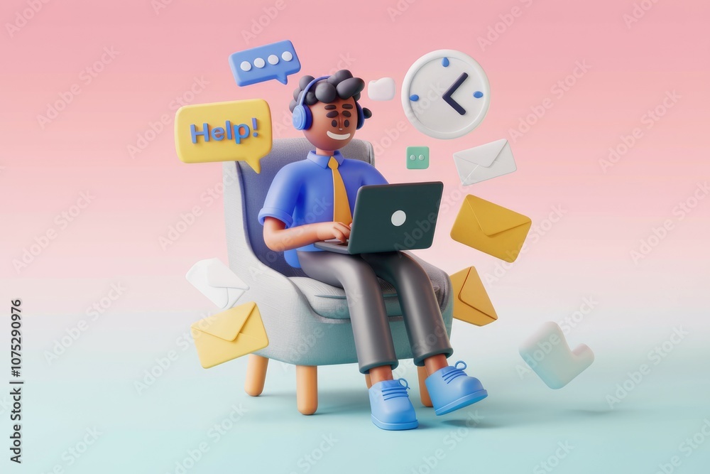 Poster person working on laptop with email notifications and help message.