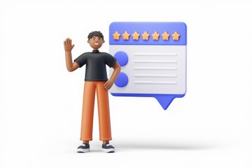 A 3D cartoon man stands next to a review box with five stars.