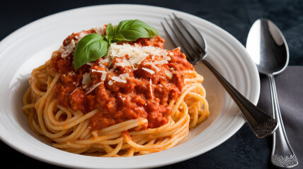 A delicious bowl of spaghetti topped with rich meat sauce and fresh basil, perfect for a comforting meal.