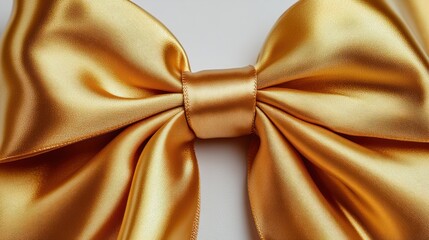 A golden satin ribbon bow on a white background.