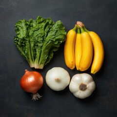 A table set with prebiotic foods like bananas, onions, and chicory, rich in FOS and inulin