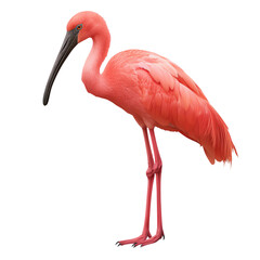 A vibrant pink flamingo standing gracefully with a long neck and beak, perfect for nature and wildlife themes. transparent background