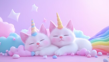 Adorable Unicorn Cats: Playful Fairy Creatures With Colorful Tails, Sleeping And Cuddling Baby Kittens, Charming Kawaii Pets, Stickers, And Tidy Spaces.
