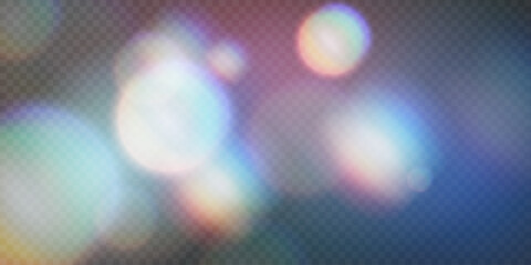 Abstract color light effect transparent background with sparks. Crystal light refraction effect. Optical rainbow lights, flare, glare. Rainbow colorful light prism effect.