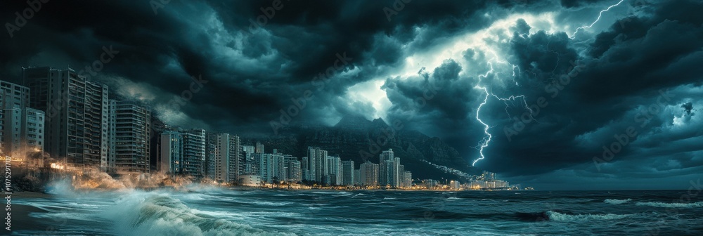Poster Dark clouds swirl over the coastal city as lightning strikes, creating an electrifying atmosphere above the crashing waves at dusk. Generative AI