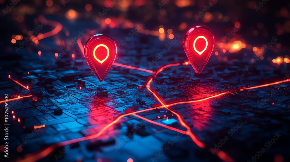 Poster Two glowing red location pins on a futuristic city map with illuminated pathways.