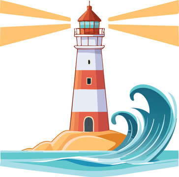 lighthouse on the island with waves vector isolated cartoon like