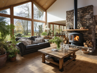Spring is present in the house, and there is a window leading to the kitchen and a panoramic exit from the dining room to the terrace. The architecture is modern.