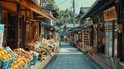 Fototapeta premium Charming Traditional Japanese Market Street with Fresh Produce and Local Shops on a Sunny Day