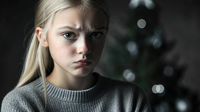 A girl with long blonde hair gazes into the distance, her serious expression contrasting with the warm glow of a Christmas tree nearby, evoking deep holiday sentiments