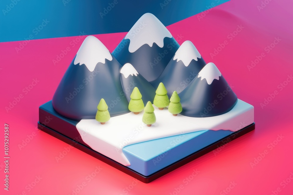 Poster 3D rendering of a snow capped mountain range with pine trees on a snowy base