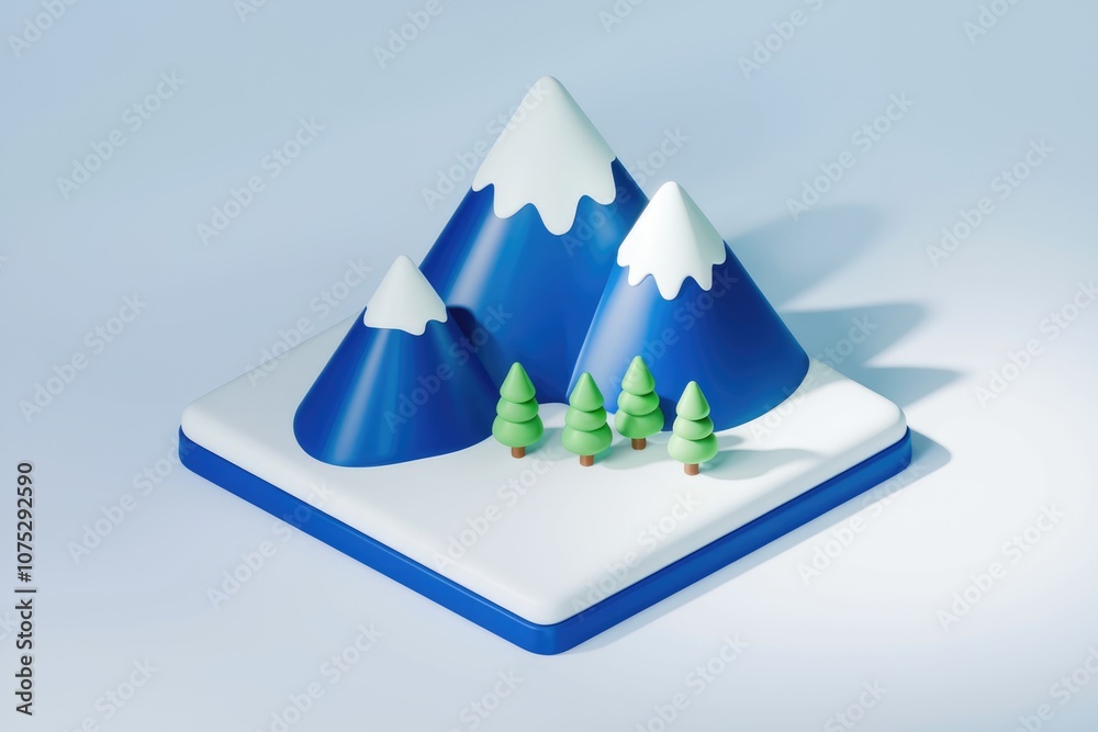 Poster 3d illustration of a snowy mountain range with small pine trees