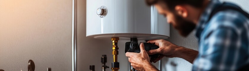 Technician repairs a water heater at home.