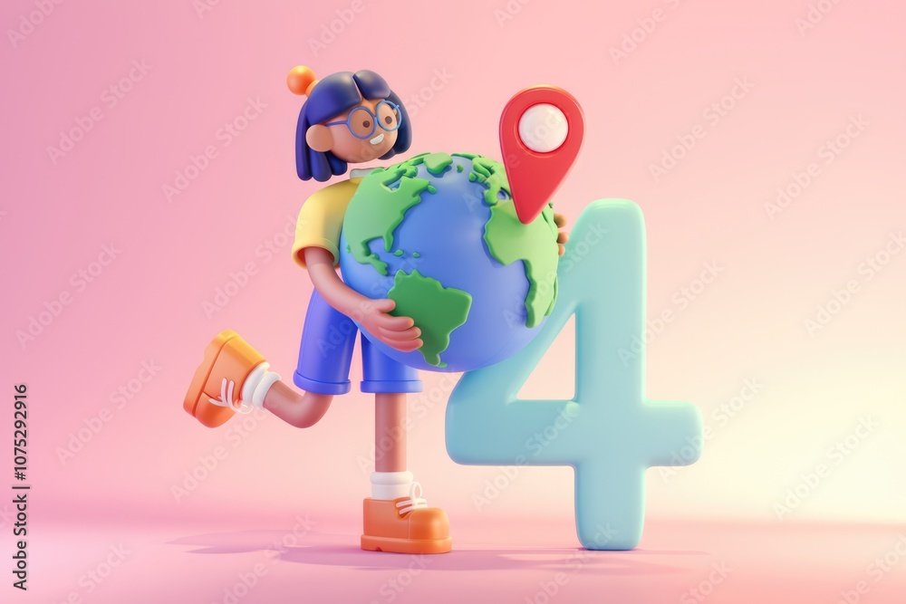 Aufkleber 3d illustration of a girl holding the earth with a location pin on it next to the number 4.