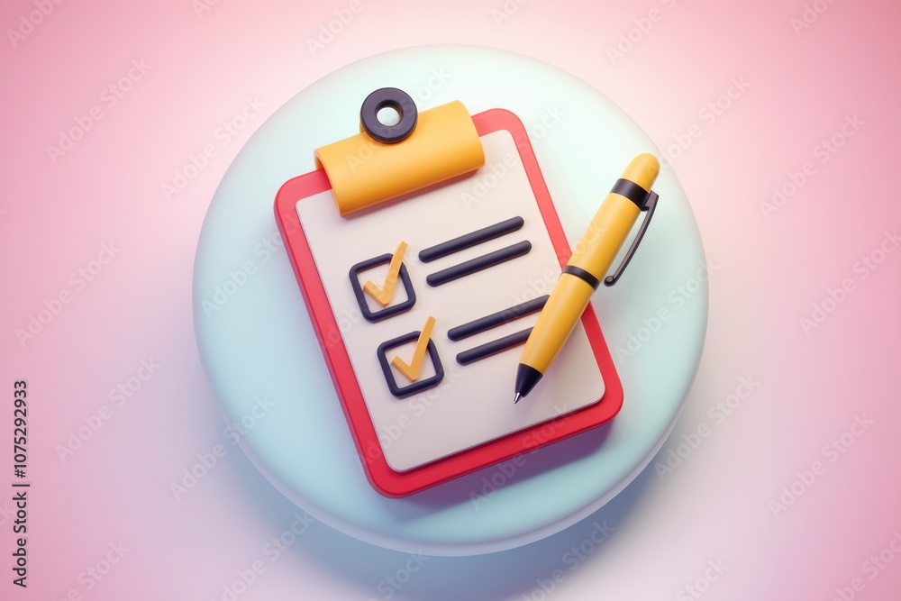Poster A 3D illustration of a checklist with two items marked complete and a pen.