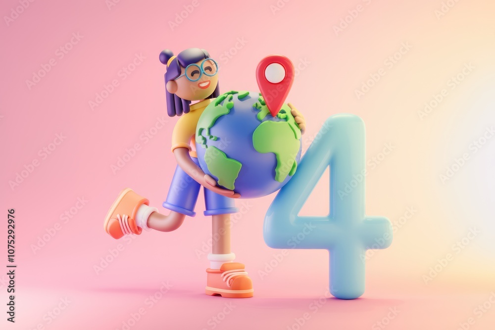 Poster 3d illustration of a girl holding a globe with a location pin on it next to the number 4