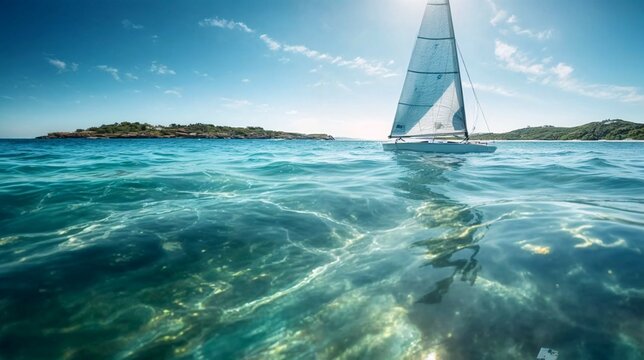 imagen ojo de pez de barco de vela de recreacion en agua cristalina desde el nivel del agua
