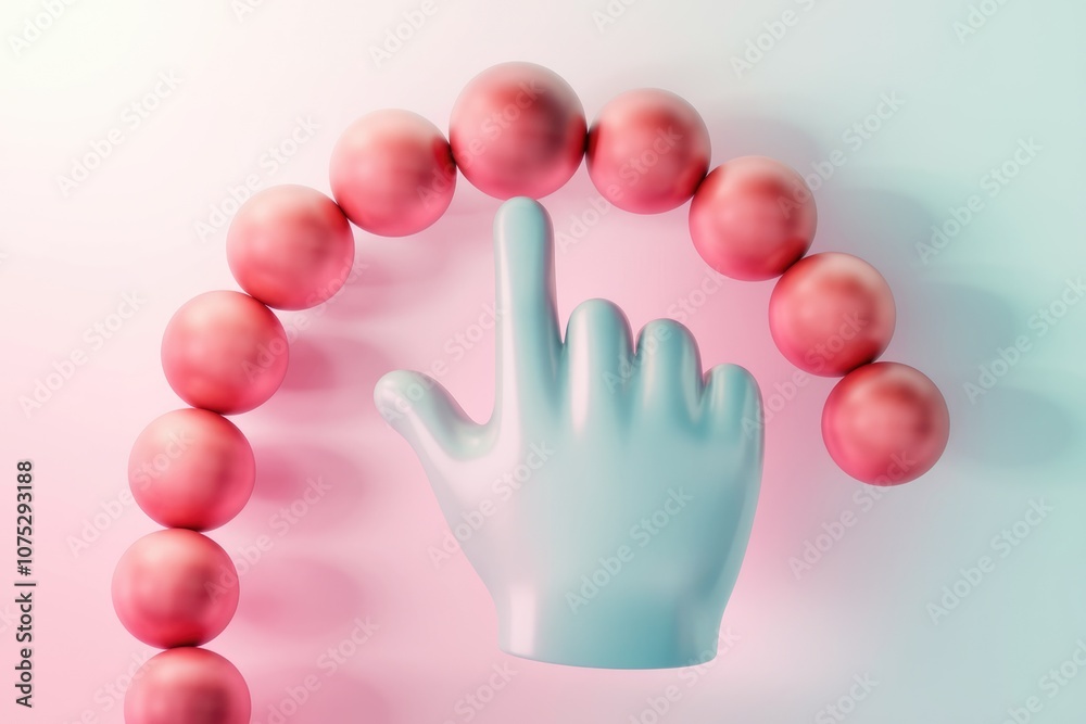 Aufkleber a blue hand pointing up in front of pink spheres arranged in an arc shape