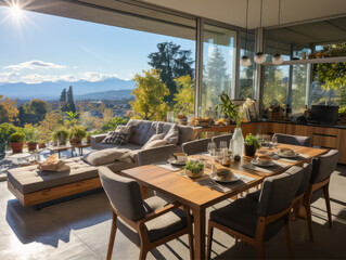 Obraz premium In a house, you can see the window into the kitchen and a panoramic exit from the dining room to the terrace. The season is spring, and the architecture is modern.