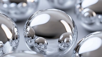 A collection of shiny, reflective silver spheres, creating a mesmerizing abstract pattern.