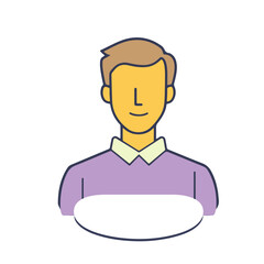 A smiling young man in a purple sweater at home, exuding friendliness and warmth