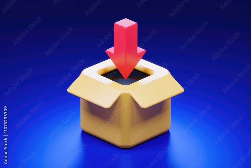 Poster Red download arrow pointing into an open box on a blue background