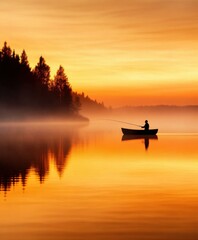 Tranquil Fishing at Sunset: A Silhouette Against a Misty Lake Horizon