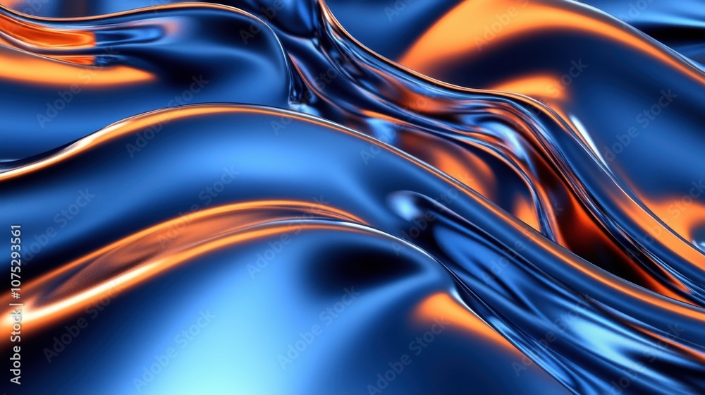 Poster an abstract close-up of shimmering blue and orange metallic waves, creating a dynamic visual texture