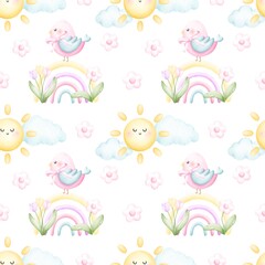 Cute birds and rainbow. Watercolor seamless pattern for children. For baby shower, textiles, nursery decor, packaging, wrapping paper and scrapbooking.