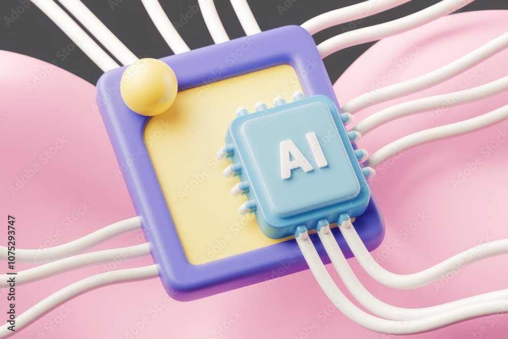 Poster 3D illustration of AI chip with cables connected to it