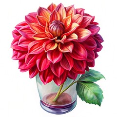 Red Dahlia Autumn flower in vase isolated on white background