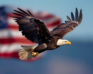 Fototapeta premium Bald Eagle in Flight with American Flag Background