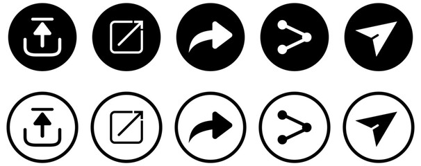 Share icon set. Arrow symbol, Reply send forward icons button. Send message icon. External Link Icon. Upload icon. Connection symbol.