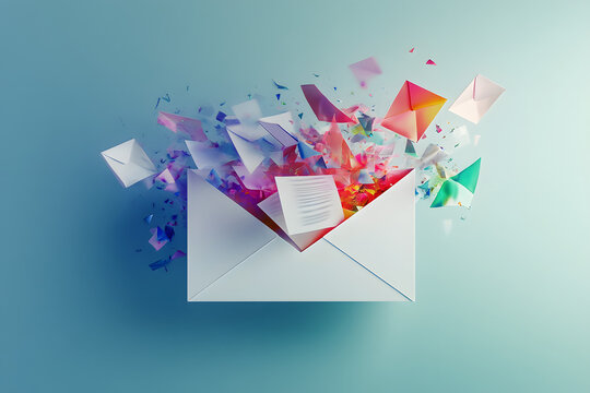 Creative digital email bursting with colorful envelopes, letters, and confetti, symbolizing vibrant communication, innovation, and spreading messages effectively in modern design