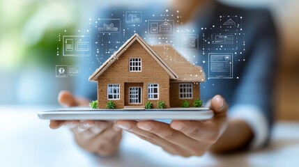 A hand holding a tablet with a small house model and digital icons floating above it.