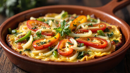 Colorful Spanish tortilla with bell peppers and onions - perfect for brunch blogs, Mediterranean recipe websites, vegetarian cookbooks, or healthy lifestyle presentations