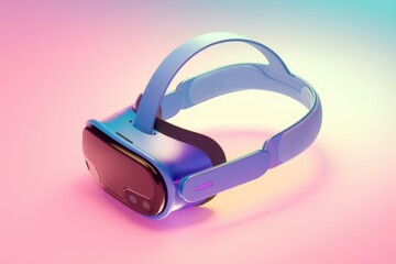 A blue virtual reality headset resting on a pink surface.