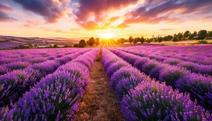 Obraz premium A lavender field at sunset - nature, romance and tranquility.