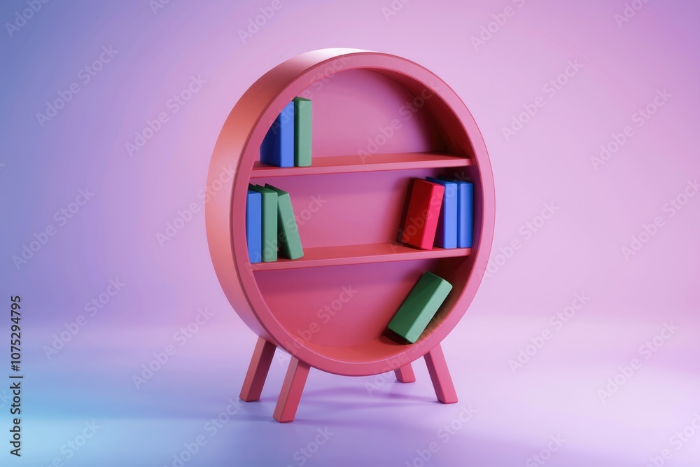 Poster circular bookshelf with colorful books on a purple background.