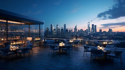 Fototapeta premium A photo of a fashionable rooftop bar with panoramic city view