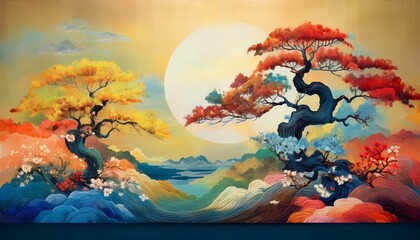 The cycle and change of the four seasons expressed through the oriental pine tree