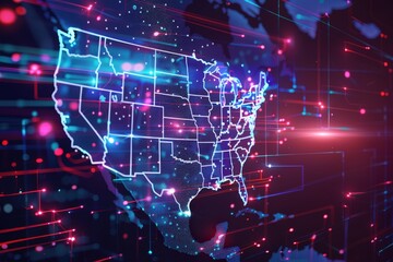 Fototapeta premium Digital Map of the United States with Connected Lines and Glowing Lights