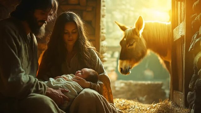 Intimate nativity scene with Mary, Joseph, and a warm glow