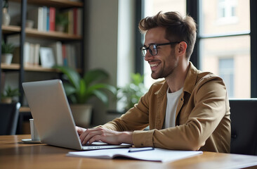Fototapeta premium Student sitting at the table in front of laptop, smiling and typing, doing assignments, studying online