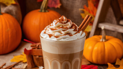 A delicious pumpkin spice latte topped with whipped cream and cinnamon sticks, surrounded by autumn leaves and pumpkins.