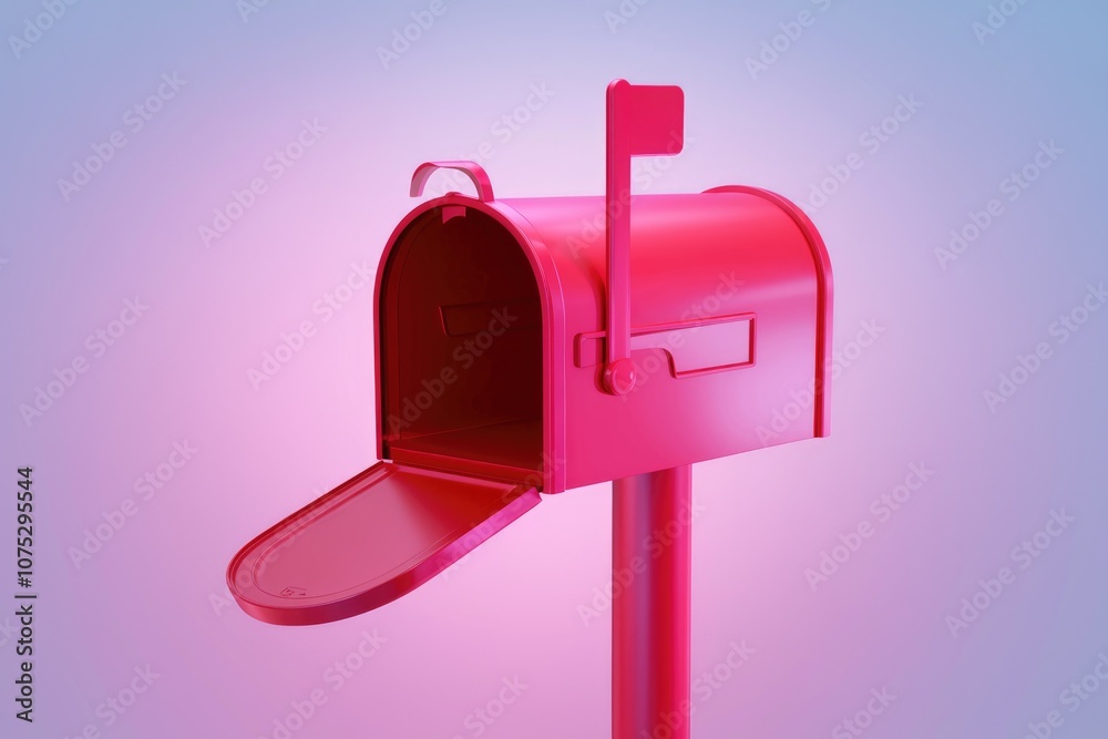 Poster a pink mailbox with its door open standing on a pole against a purple background