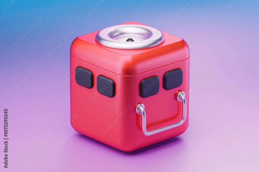 Poster Red metallic box with a handle and buttons on a purple background.